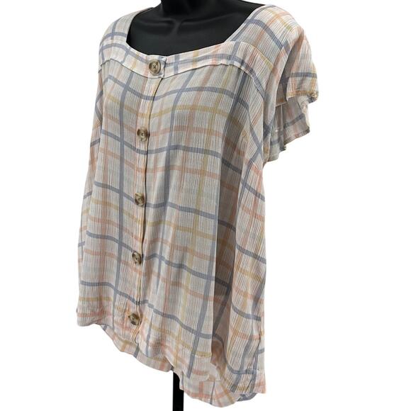 Angels Forever Young Blouse WMNS 2X Checkered Button Up Cream Pink Square Neck - Picture 3 of 7
